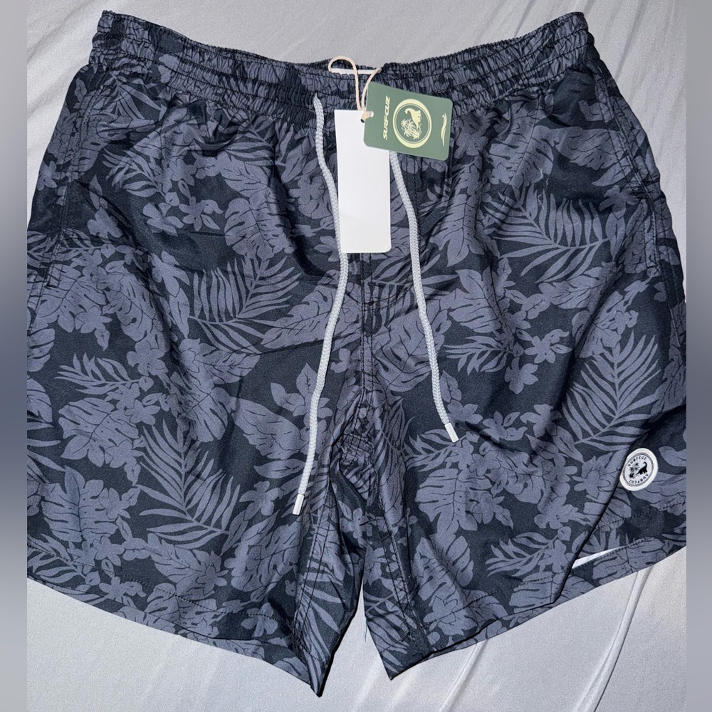 Navy Leaf Print Men's Swim Trunks